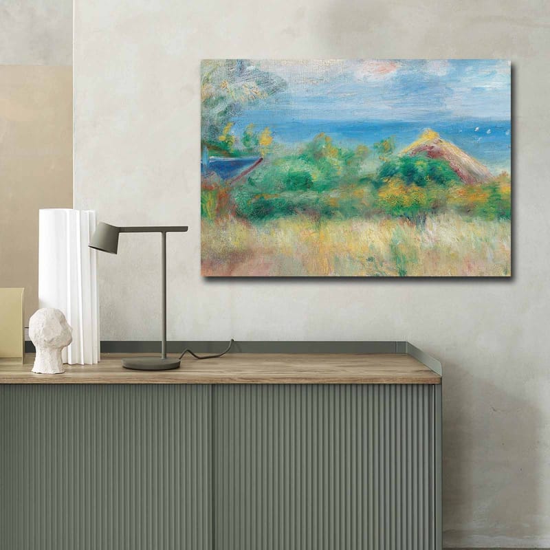 Canvas taulu 70x100 cm - Kaunis maisemamaalaus sinisellä taivaalla, merellä ja vihreillä pelloilla - Sininen / Vihreä / Beige - Sisustustuotteet - Taulu & taide - Canvas-taulu