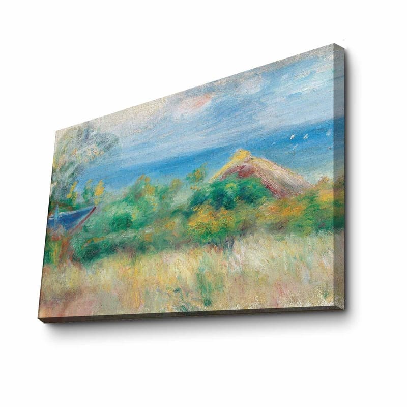 Canvas taulu 70x100 cm - Kaunis maisemamaalaus sinisellä taivaalla, merellä ja vihreillä pelloilla - Sininen / Vihreä / Beige - Sisustustuotteet - Taulu & taide - Canvas-taulu