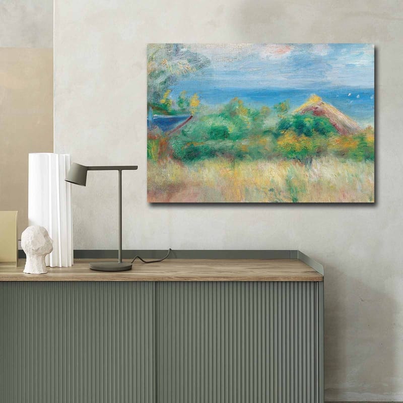 Canvas taulu 70x100 cm - Kaunis maisemamaalaus sinisellä taivaalla, merellä ja vihreillä pelloilla - Sininen / Vihreä / Beige - Sisustustuotteet - Taulu & taide - Canvas-taulu