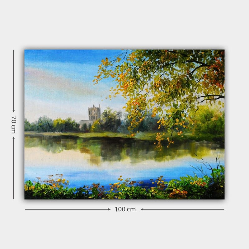 Canvas taulu 70x100 cm - Kaunis maisemamaalaus peilimäisellä järvellä ja vanhalla tornilla taustalla, puiden ja syksyn värien ympäröimänä - Vihreä / Sininen / Keltainen - Sisustustuotteet - Taulu & taide - Canvas-taulu
