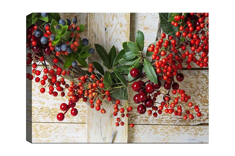 Canvas taulu 70x100 cm - Kaunis marjoista ja vihreistä lehdistä tehty seppele, joka luo juhlavan tunnelman, Punainen / Vihreä / Sininen