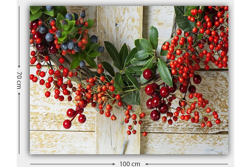Canvas taulu 70x100 cm - Kaunis marjoista ja vihreistä lehdistä tehty seppele, joka luo juhlavan tunnelman - Punainen / Vihreä / Sininen - Sisustustuotteet - Taulu & taide - Canvas-taulu