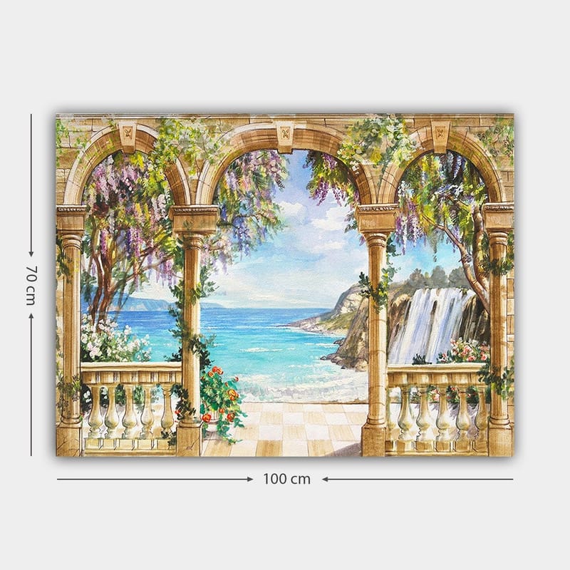 Canvas taulu 70x100 cm - Kaunis näkymä arkadin läpi merellä, vesiputouksella ja rehevällä kasvillisuudella - Sininen / Vihreä / Beige - Sisustustuotteet - Taulu & taide - Canvas-taulu