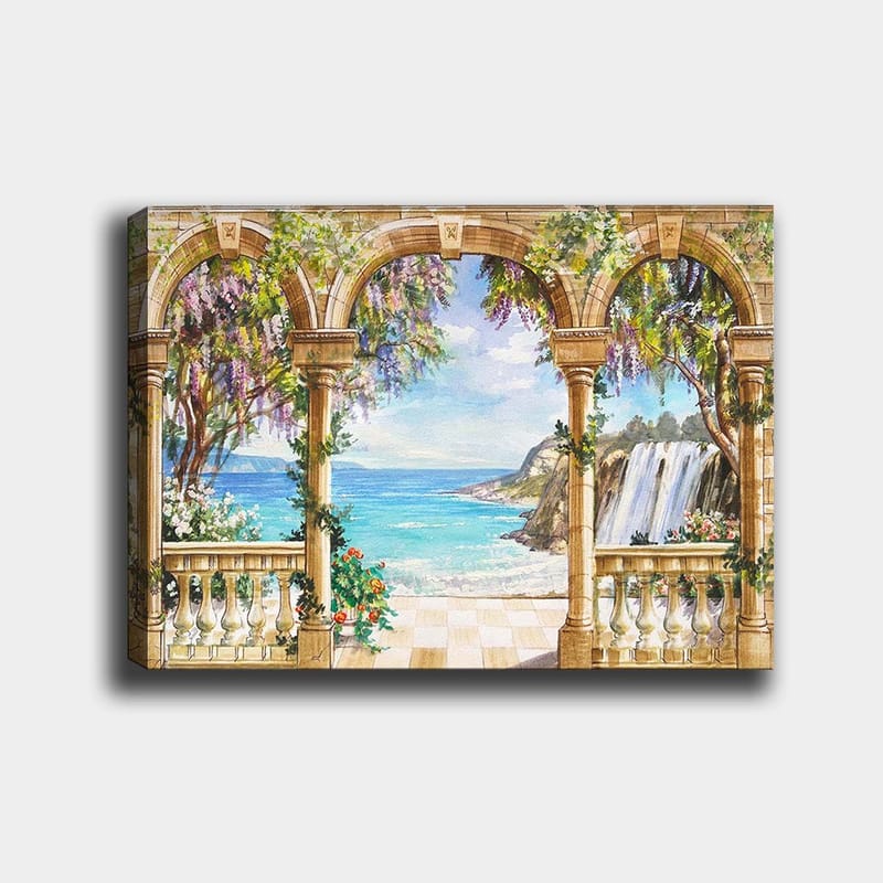 Canvas taulu 70x100 cm - Kaunis näkymä arkadin läpi merellä, vesiputouksella ja rehevällä kasvillisuudella, Sininen / Vihreä / Beige