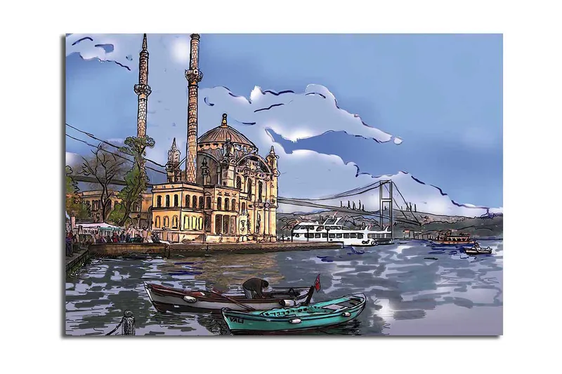 Canvas taulu 70x100 cm - Kaunis näkymä historiallisesta rakennuksesta veden äärellä, veneitä etualalla ja silta taustalla, Sininen / Beige / Vihreä