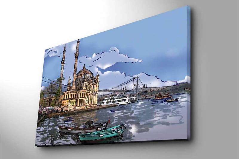 Canvas taulu 70x100 cm - Kaunis näkymä historiallisesta rakennuksesta veden äärellä, veneitä etualalla ja silta taustalla - Sininen / Beige / Vihreä - Sisustustuotteet - Taulu & taide - Canvas-taulu