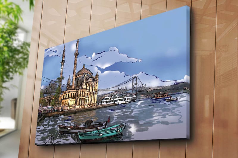 Canvas taulu 70x100 cm - Kaunis näkymä historiallisesta rakennuksesta veden äärellä, veneitä etualalla ja silta taustalla - Sininen / Beige / Vihreä - Sisustustuotteet - Taulu & taide - Canvas-taulu