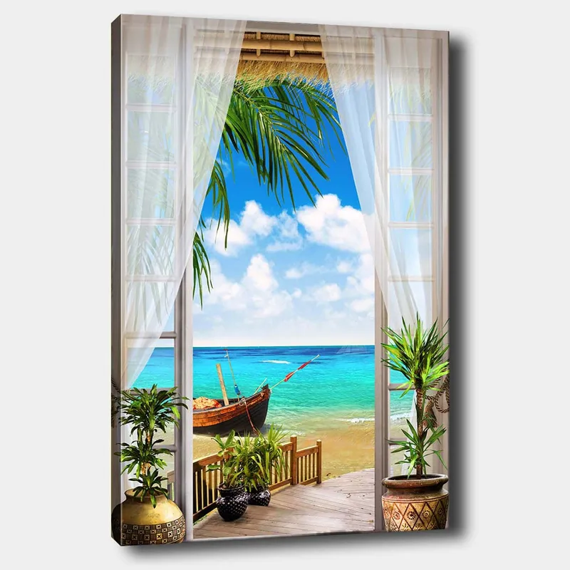 Canvas taulu 70x100 cm - Kaunis näkymä ikkunasta rannalle, merelle ja veneelle, Turkoosi / Sininen / Vihreä