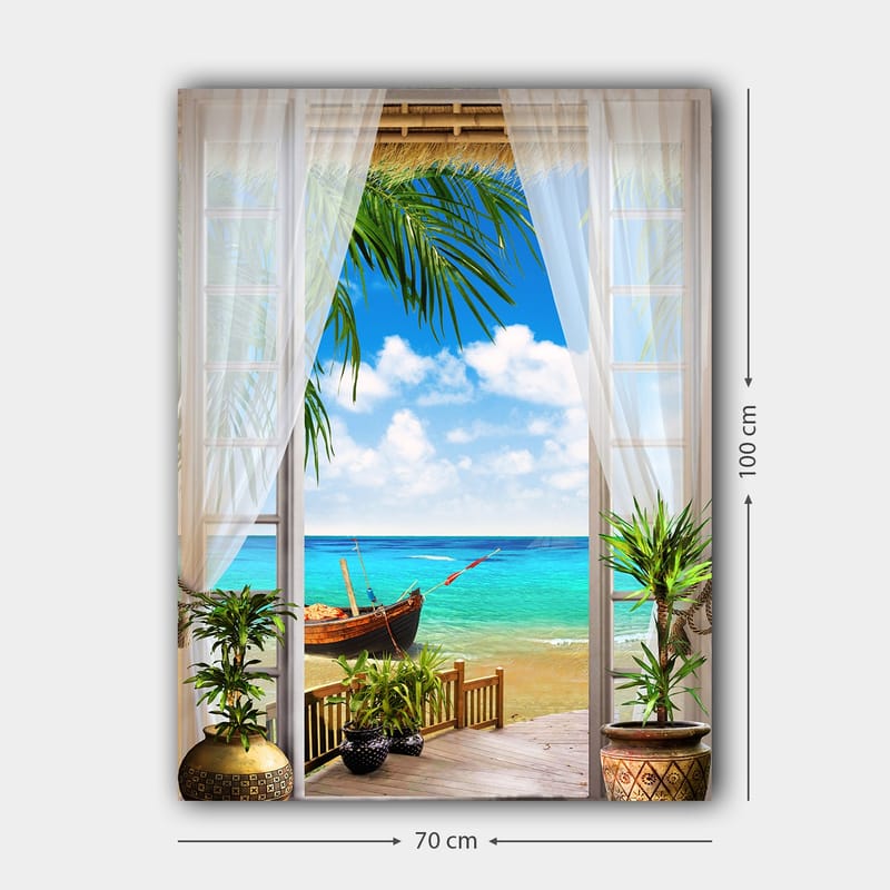 Canvas taulu 70x100 cm - Kaunis näkymä ikkunasta rannalle, merelle ja veneelle - Turkoosi / Sininen / Vihreä - Sisustustuotteet - Taulu & taide - Canvas-taulu