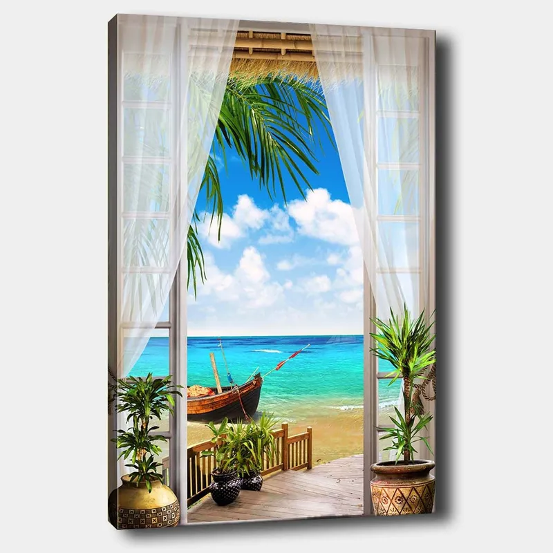 Canvas taulu 70x100 cm - Kaunis näkymä ikkunasta rannalle, merelle ja veneelle, Turkoosi / Sininen / Vihreä