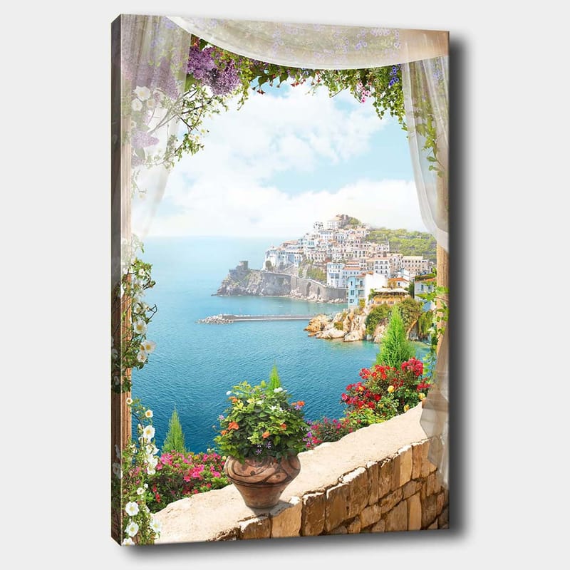 Canvas taulu 70x100 cm - Kaunis näkymä rannikkokaupungista värikkäine taloineen ja kukkivine kasveineen avoimen ikkuna-aukon läpi katsottuna, Sininen / Vihreä / Valkoinen