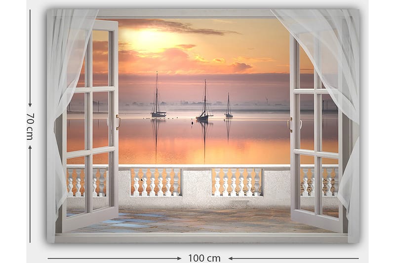 Canvas taulu 70x100 cm - Kaunis näkymä rauhalliselle järvelle purjeveneineen auringonlaskun aikaan - Vaaleanpunainen / Vaaleanpunainen / Vaaleansininen - Sisustustuotteet - Taulu & taide - Canvas-taulu