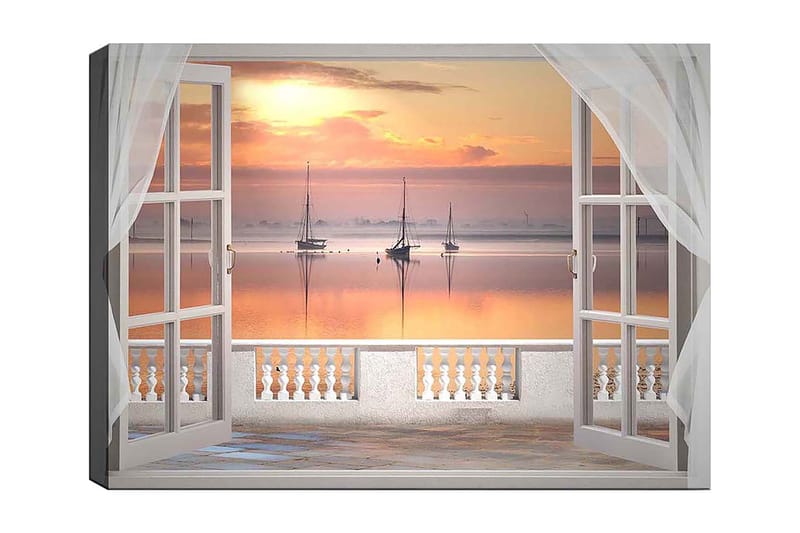 Canvas taulu 70x100 cm - Kaunis näkymä rauhalliselle järvelle purjeveneineen auringonlaskun aikaan, Vaaleanpunainen / Vaaleanpunainen / Vaaleansininen