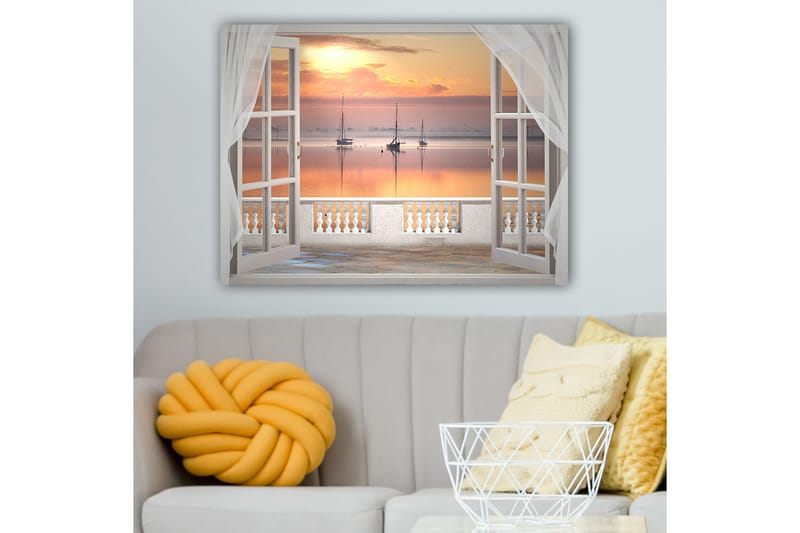 Canvas taulu 70x100 cm - Kaunis näkymä rauhalliselle järvelle purjeveneineen auringonlaskun aikaan - Vaaleanpunainen / Vaaleanpunainen / Vaaleansininen - Sisustustuotteet - Taulu & taide - Canvas-taulu