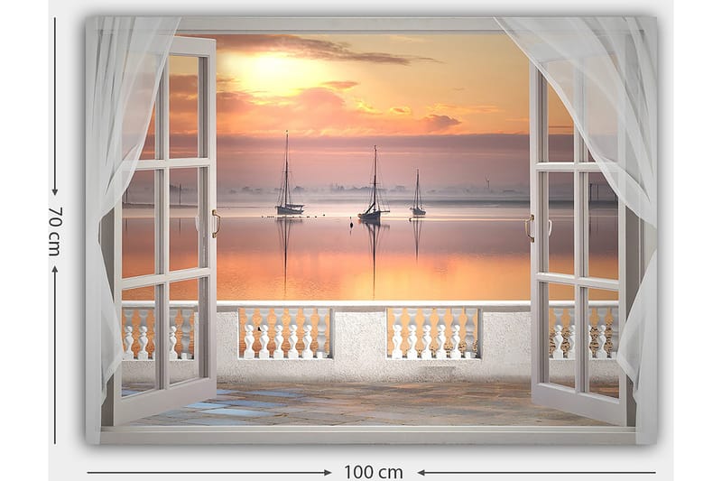 Canvas taulu 70x100 cm - Kaunis näkymä rauhalliselle järvelle purjeveneineen auringonlaskun aikaan - Vaaleanpunainen / Vaaleanpunainen / Vaaleansininen - Sisustustuotteet - Taulu & taide - Canvas-taulu