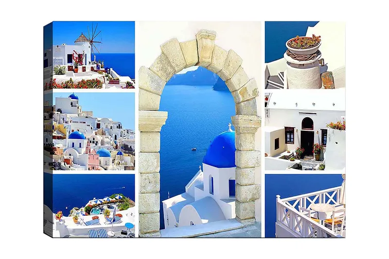 Canvas taulu 70x100 cm - Kaunis näkymä Santorinille valkoisine taloineen ja sinisine kupoleineen merta vasten, Sininen / Valkoinen / Beige