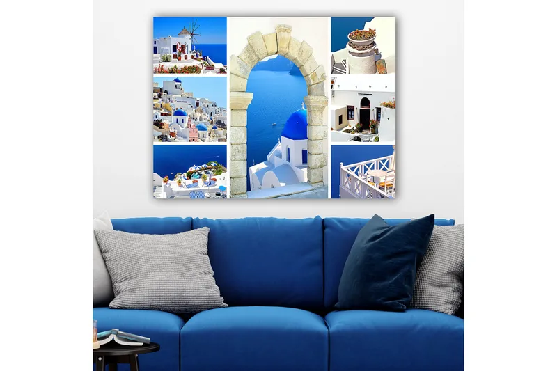 Canvas taulu 70x100 cm - Kaunis näkymä Santorinille valkoisine taloineen ja sinisine kupoleineen merta vasten - Sininen / Valkoinen / Beige - Sisustustuotteet - Taulu & taide - Canvas-taulu