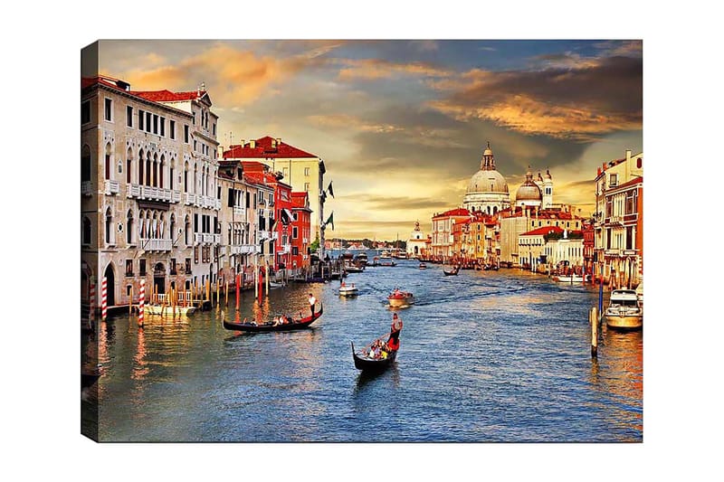 Canvas taulu 70x100 cm - Kaunis näkymä Venetsiaan, gondolien liukuessa kanavaa pitkin ja historiallisten rakennusten reunustamana veden äärellä, Sininen / Terrakotta / Beige