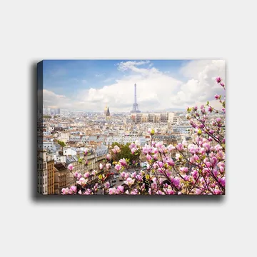 Canvas taulu 70x100 cm - Kaunis näkymä Pariisiin Eiffel-tornin ja kukkivien kirsikkapuiden ympäröimänä - Vaaleanpunainen / Sininen / Vihreä - Sisustustuotteet - Taulu & taide - Canvas-taulu