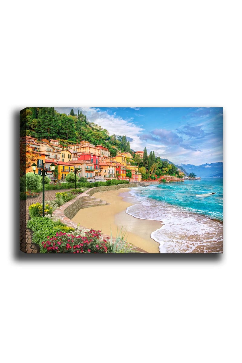 Canvas taulu 70x100 cm - Kaunis rannikko värikkäine taloineen kiipeää rehevää kukkulaa pitkin rannan tuntumassa, Sininen / Vihreä / Keltainen