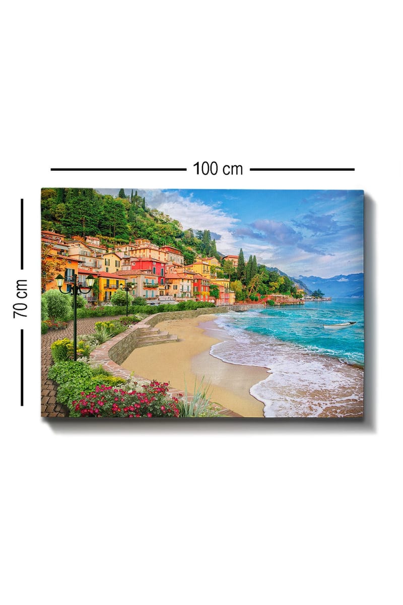 Canvas taulu 70x100 cm - Kaunis rannikko värikkäine taloineen kiipeää rehevää kukkulaa pitkin rannan tuntumassa - Sininen / Vihreä / Keltainen - Sisustustuotteet - Taulu & taide - Canvas-taulu