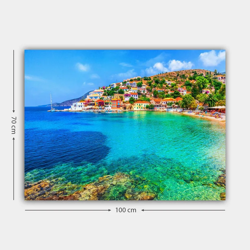 Canvas taulu 70x100 cm - Kaunis rannikko värikkäine taloineen meren rannalla ja kirkas sininen taivas - Turkoosi / Sininen / Vihreä - Sisustustuotteet - Taulu & taide - Canvas-taulu