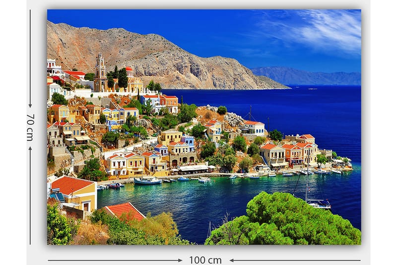 Canvas taulu 70x100 cm - Kaunis rannikkokaupunki värikkäine taloineen meren rannalla ja ympäröivien vuorten äärellä - Sininen / Vihreä / Oranssi - Sisustustuotteet - Taulu & taide - Canvas-taulu