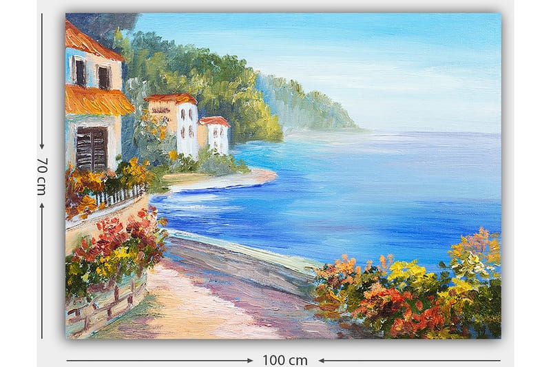 Canvas taulu 70x100 cm - Kaunis rannikkomaisema valkoisine taloineen ja kukkivine kasveineen meren rannalla - Sininen / Vihreä / Oranssi - Sisustustuotteet - Taulu & taide - Canvas-taulu