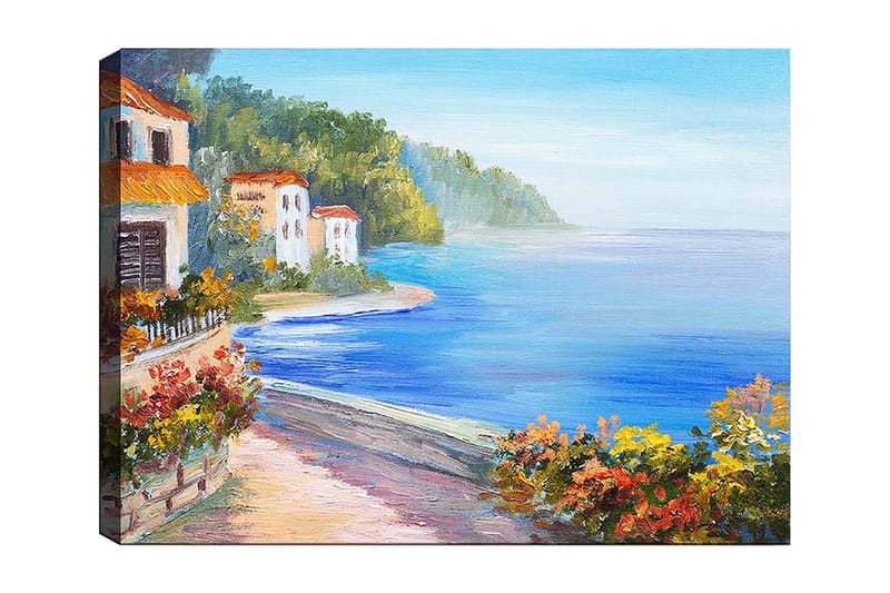 Canvas taulu 70x100 cm - Kaunis rannikkomaisema valkoisine taloineen ja kukkivine kasveineen meren rannalla, Sininen / Vihreä / Oranssi