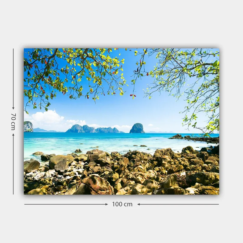 Canvas taulu 70x100 cm - Kaunis rantamaisema kivine, kirkkaan turkoosin vesi ja sininen taivas - Turkoosi / Sininen / Vihreä - Sisustustuotteet - Taulu & taide - Canvas-taulu