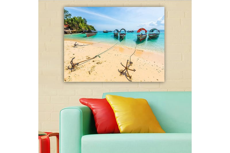 Canvas taulu 70x100 cm - Kaunis rantamaisema useiden värikkäiden veneiden kanssa ankkuroituna hiekkarannalla - Turkoosi / Beige / Punainen - Sisustustuotteet - Taulu & taide - Canvas-taulu