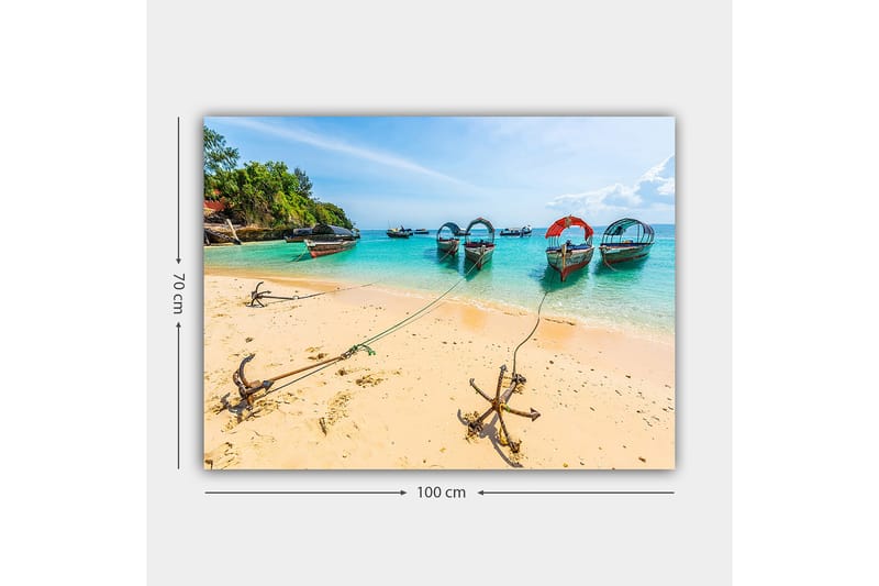 Canvas taulu 70x100 cm - Kaunis rantamaisema useiden värikkäiden veneiden kanssa ankkuroituna hiekkarannalla - Turkoosi / Beige / Punainen - Sisustustuotteet - Taulu & taide - Canvas-taulu