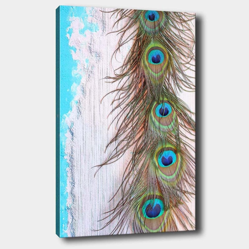 Canvas taulu 70x100 cm - Kaunis riikinkukon sulka intensiivisillä väreillä ja yksityiskohdilla, Vihreä / Sininen / Ruskea