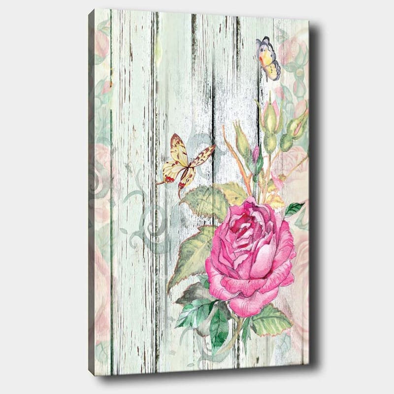 Canvas taulu 70x100 cm - Kaunis ruusu perhosten ja vihreiden lehtien ympäröimänä, Vaaleanpunainen / Vihreä / Keltainen