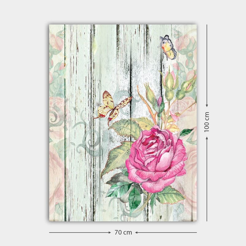 Canvas taulu 70x100 cm - Kaunis ruusu perhosten ja vihreiden lehtien ympäröimänä - Vaaleanpunainen / Vihreä / Keltainen - Sisustustuotteet - Taulu & taide - Canvas-taulu