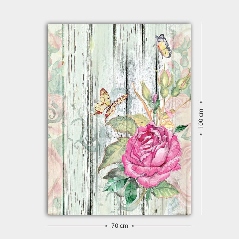 Canvas taulu 70x100 cm - Kaunis ruusu perhosten ja vihreiden lehtien ympäröimänä - Vaaleanpunainen / Vihreä / Keltainen - Sisustustuotteet - Taulu & taide - Canvas-taulu