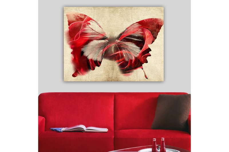 Canvas taulu 70x100 cm - Kaunis ruusuista koostuva perhonen, joka luo harmonisen ja unenomaisen tunnelman - Punainen / Harmaa - Sisustustuotteet - Taulu & taide - Canvas-taulu