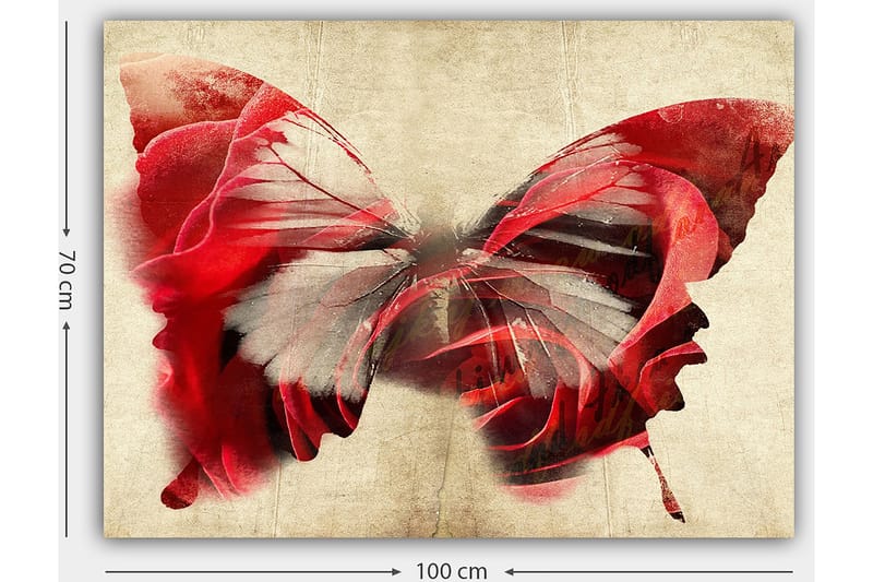 Canvas taulu 70x100 cm - Kaunis ruusuista koostuva perhonen, joka luo harmonisen ja unenomaisen tunnelman - Punainen / Harmaa - Sisustustuotteet - Taulu & taide - Canvas-taulu