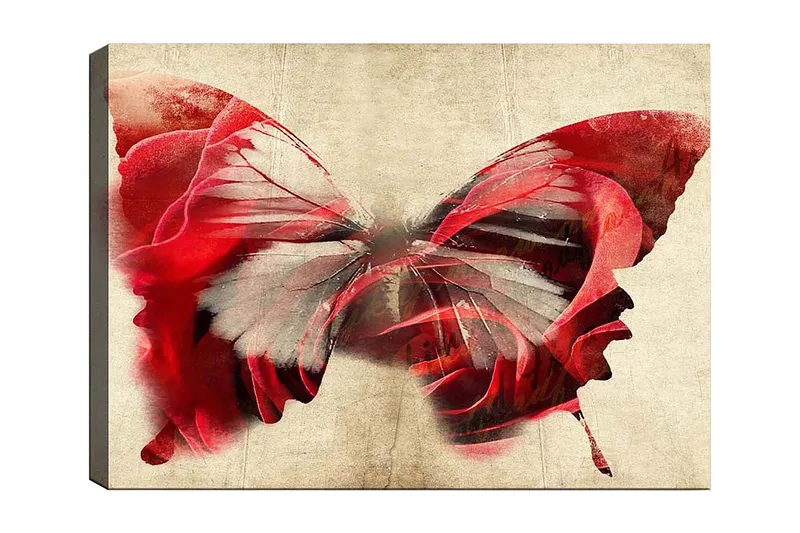 Canvas taulu 70x100 cm - Kaunis ruusuista koostuva perhonen, joka luo harmonisen ja unenomaisen tunnelman, Punainen / Harmaa