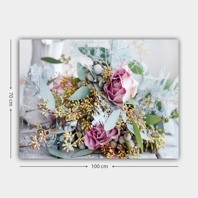 Canvas taulu 70x100 cm - Kaunis ruusukimppu ja vihreät lehdet - Vaaleanpunainen / Vihreä / Beige - Sisustustuotteet - Taulu & taide - Canvas-taulu