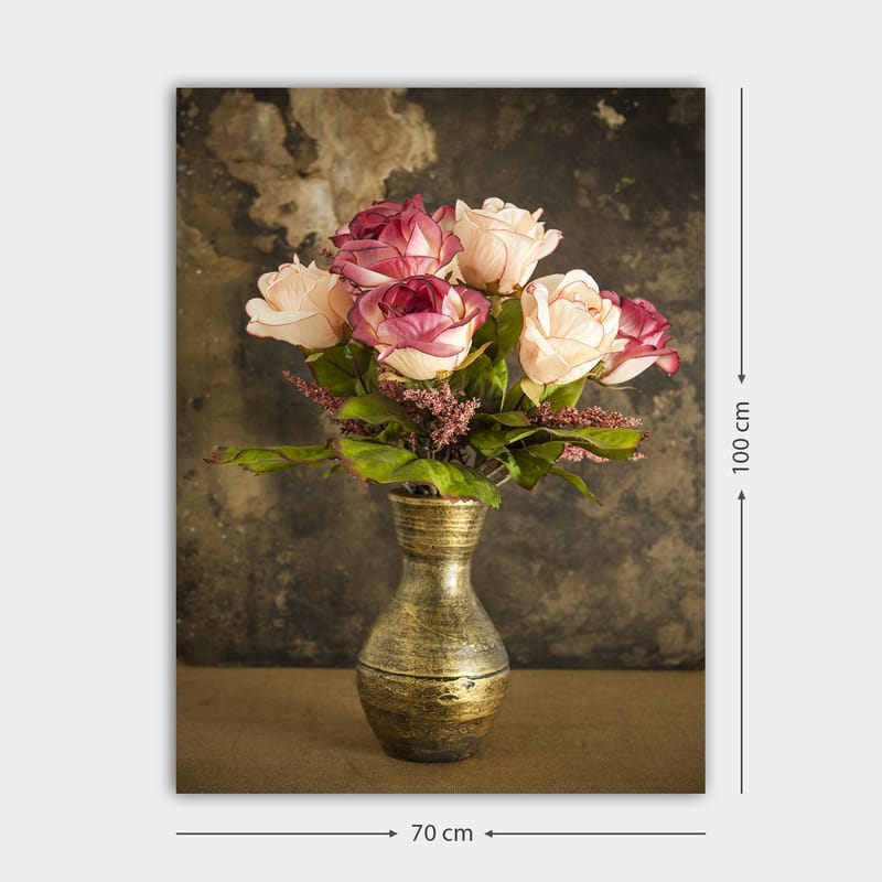 Canvas taulu 70x100 cm - Kaunis ruusukimppu koristeellisessa maljakossa - Vaaleanpunainen / Vihreä / Kulta - Sisustustuotteet - Taulu & taide - Canvas-taulu