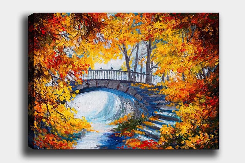 Canvas taulu 70x100 cm - Kaunis silta syksyn väristen puiden ja lehtien ympäröimänä, Oranssi / Keltainen / Sininen