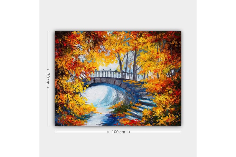 Canvas taulu 70x100 cm - Kaunis silta syksyn väristen puiden ja lehtien ympäröimänä - Oranssi / Keltainen / Sininen - Sisustustuotteet - Taulu & taide - Canvas-taulu