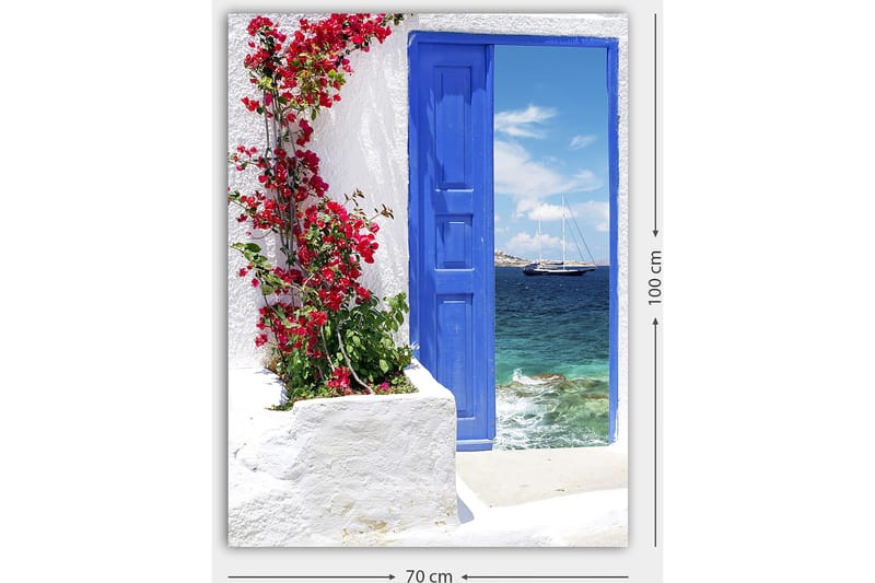 Canvas taulu 70x100 cm - Kaunis sininen ovi, jota ympäröivät punaiset kukat ja joka johtaa merinäköalaan - Sininen / Punainen / Vihreä - Sisustustuotteet - Taulu & taide - Canvas-taulu