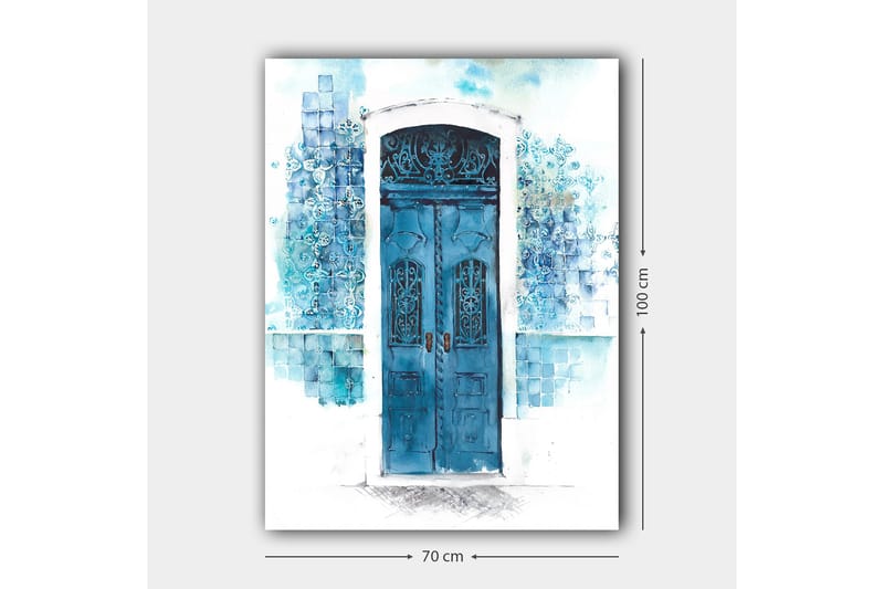 Canvas taulu 70x100 cm - Kaunis sininen ovi pehmeiden sinisen ja valkoisen sävyjen ympäröimänä - Sininen / Vaaleansininen / Valkoinen - Sisustustuotteet - Taulu & taide - Canvas-taulu