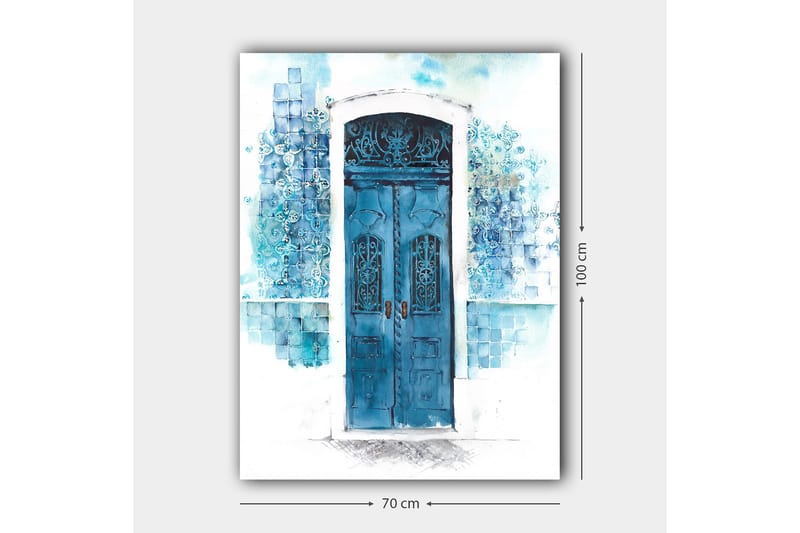 Canvas taulu 70x100 cm - Kaunis sininen ovi pehmeiden sinisen ja valkoisen sävyjen ympäröimänä - Sininen / Vaaleansininen / Valkoinen - Sisustustuotteet - Taulu & taide - Canvas-taulu