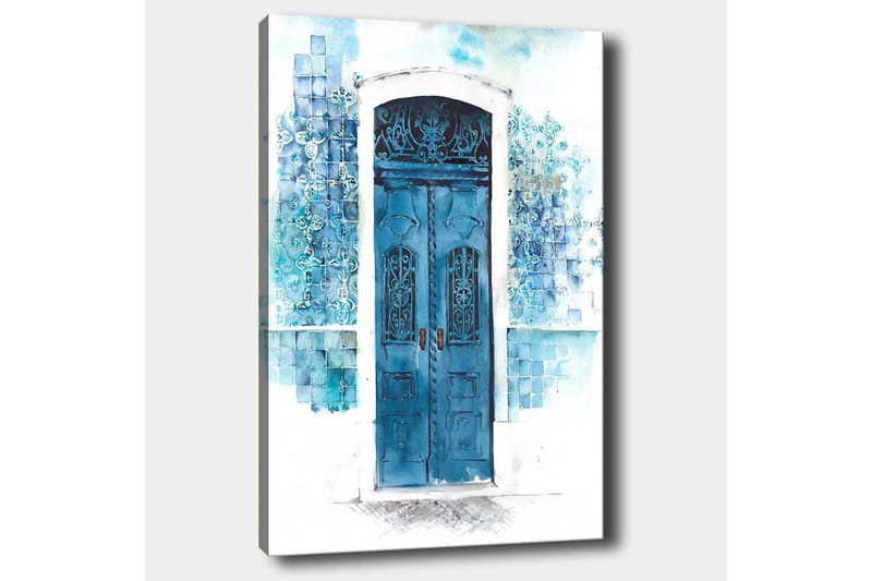 Canvas taulu 70x100 cm - Kaunis sininen ovi pehmeiden sinisen ja valkoisen sävyjen ympäröimänä - Sininen / Vaaleansininen / Valkoinen - Sisustustuotteet - Taulu & taide - Canvas-taulu