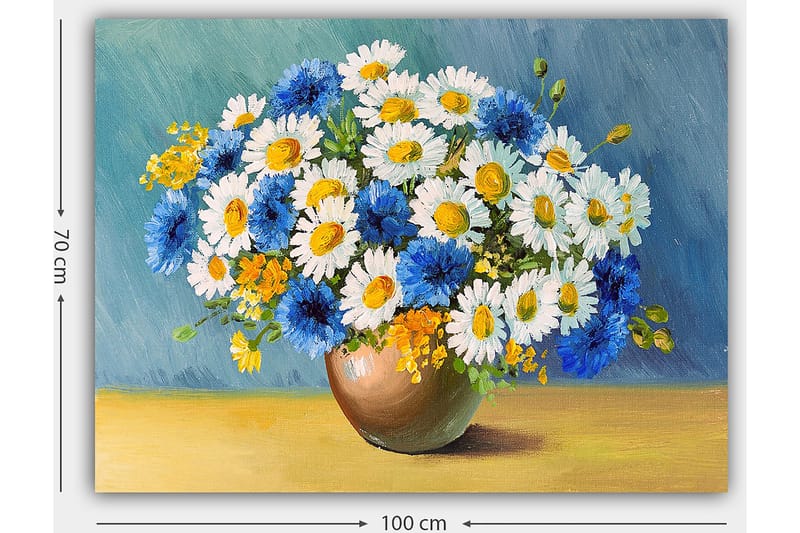 Canvas taulu 70x100 cm - Kaunis sinivalkoisten kukkien kimppu ruskeassa maljakossa - Sininen / Valkoinen / Keltainen - Sisustustuotteet - Taulu & taide - Canvas-taulu