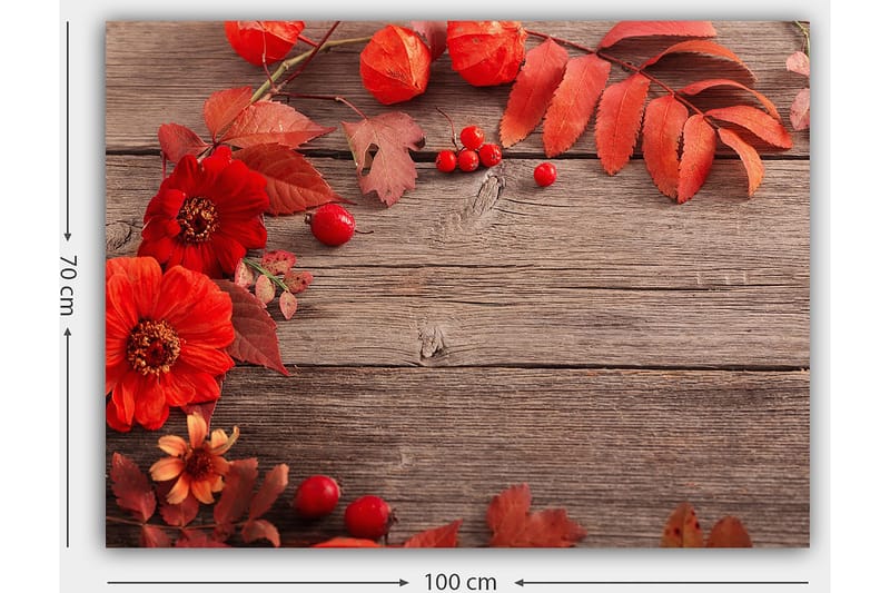 Canvas taulu 70x100 cm - Kaunis sommitelma punaisista kukista ja syksynlehdistä puista taustaa vasten - Punainen / Oranssi / Ruskea - Sisustustuotteet - Taulu & taide - Canvas-taulu
