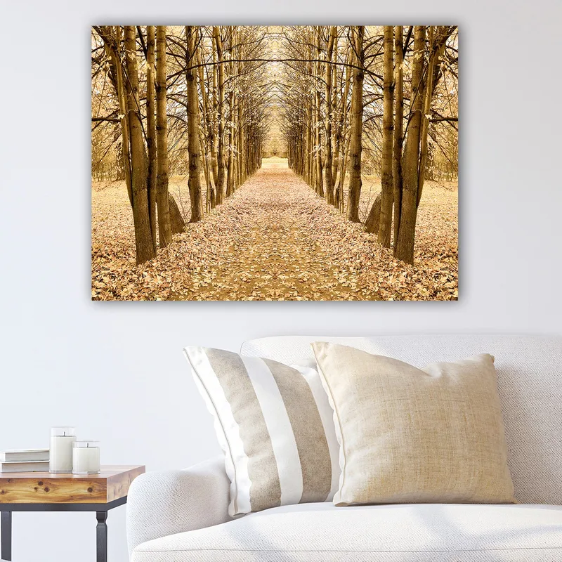 Canvas taulu 70x100 cm - Kaunis syksyn väreissä kaartuva puukuja kohti kaukaista pistettä, Kulta / Ruskea / Beige